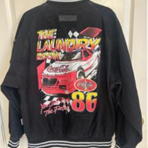 The Laundry Room Coca Cola Race Car Black Denim Stadium Jacket RARE Unisex NWT - Picture 1 of 4